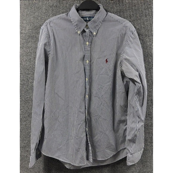 VTG Polo Ralph Lauren Mens Shirt Large Blue‎ White Striped Custom Fit Brown Pony - Picture 1 of 16